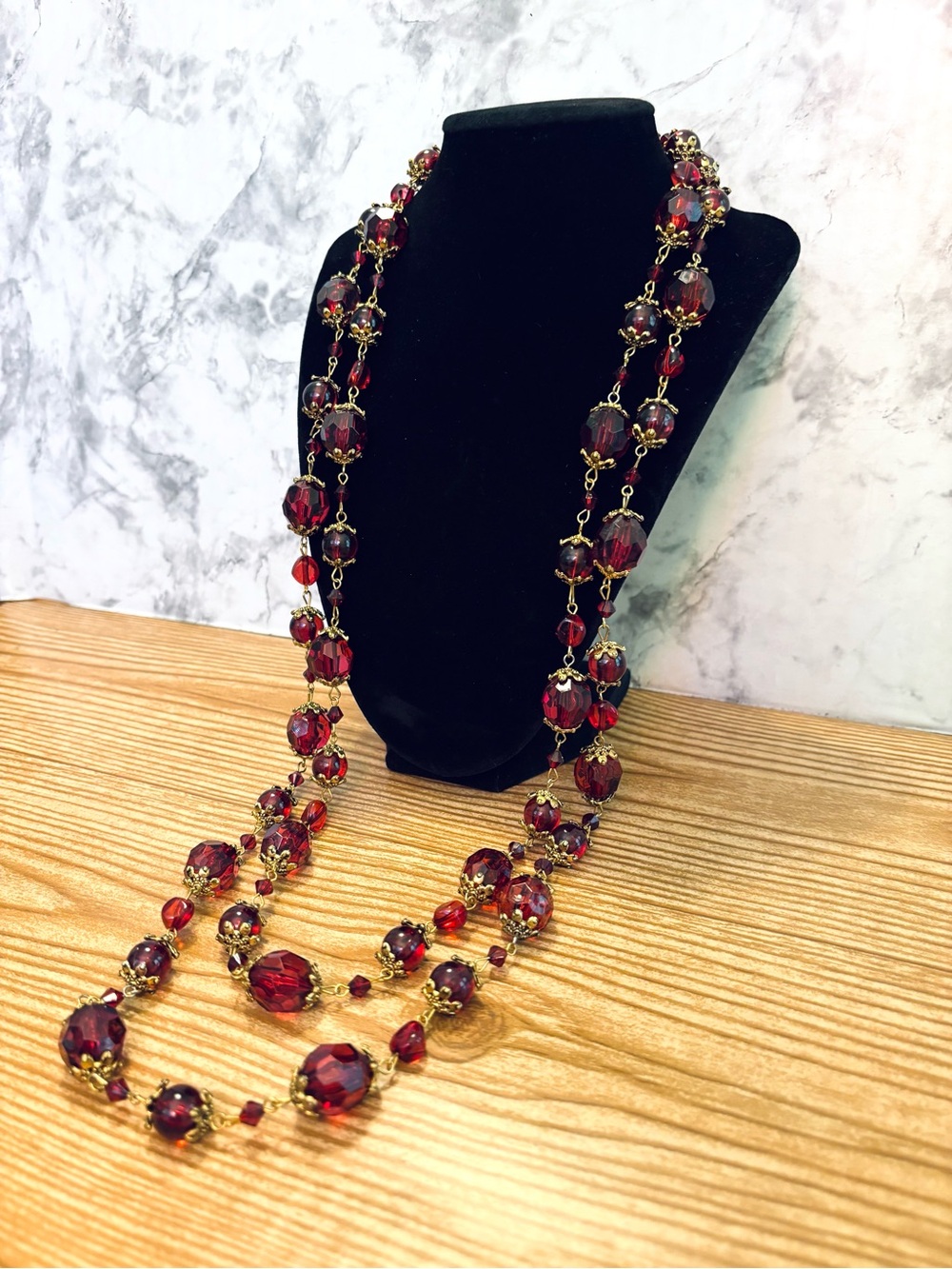 Vintage Red Lucite Long Wrap Necklace Gold Filigree Flapper Bead
